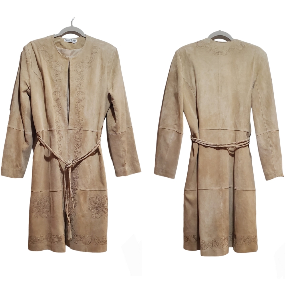 Nancy Bolen City Girl Tan Suede Duster Trench Coat Size L Neutral